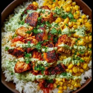 Delicious street corn chicken rice bowl garnished with fresh herbs and lime.
