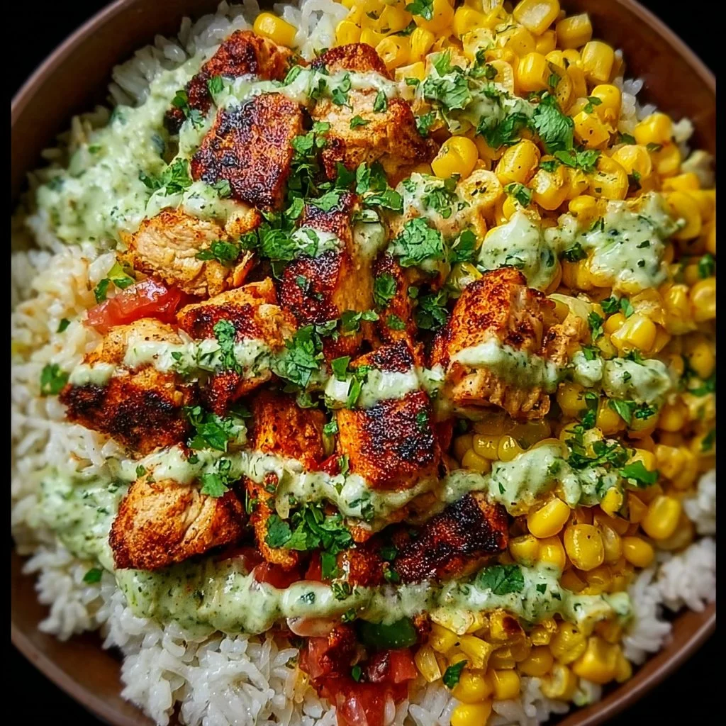 Delicious street corn chicken rice bowl garnished with fresh herbs and lime.