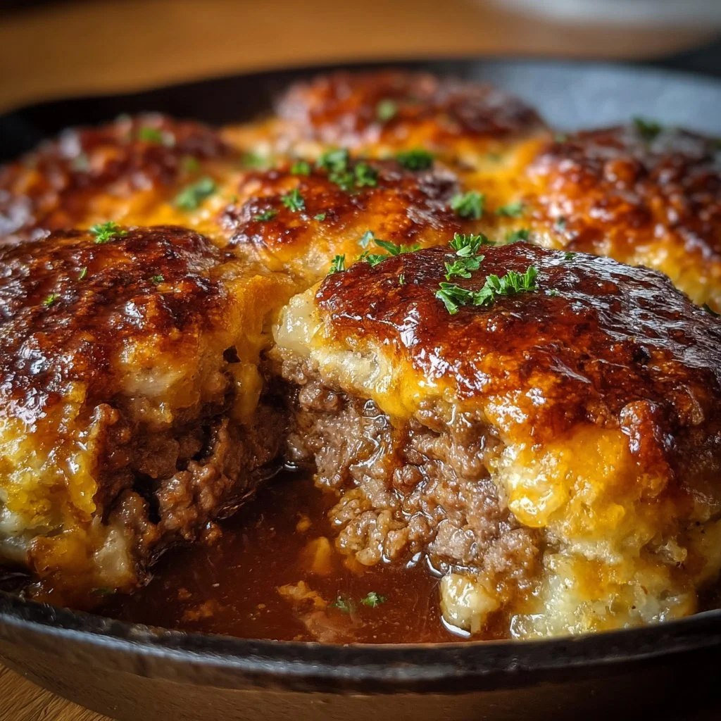 Delicious Amish Hamburger Steak Bake served with mashed potatoes and veggies.