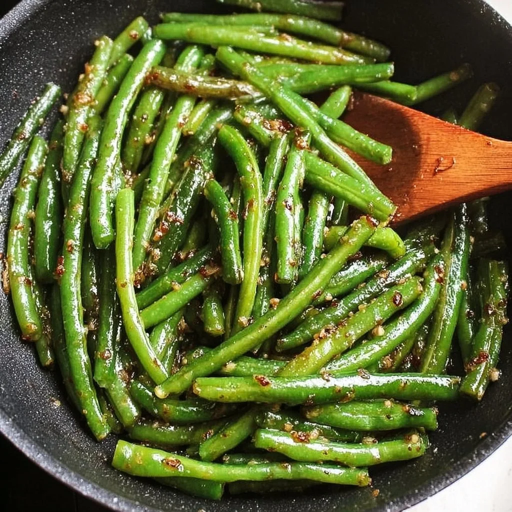 Plate of easy sautéed green beans garnished with garlic and lemon