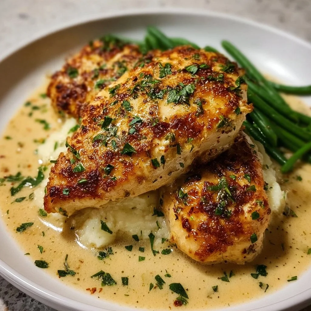 Creamy garlic parmesan chicken breast on a plate with herbs and spices