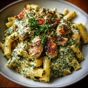 Creamy Pesto Chicken Pasta 3 Creamy pesto chicken pasta garnished with fresh basil and parmesan cheese.