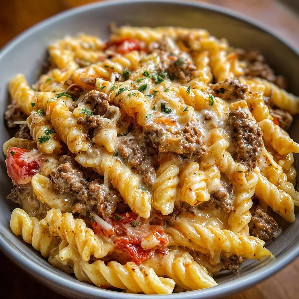 Creamy Rotel pasta with ground beef served in a cozy dinner setting.
