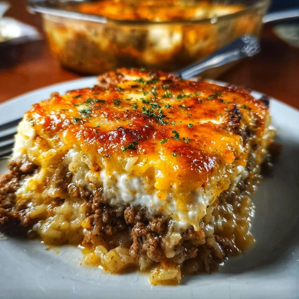 Ground Beef Casserole 1 Delicious ground beef casserole topped with cheese and vegetables
