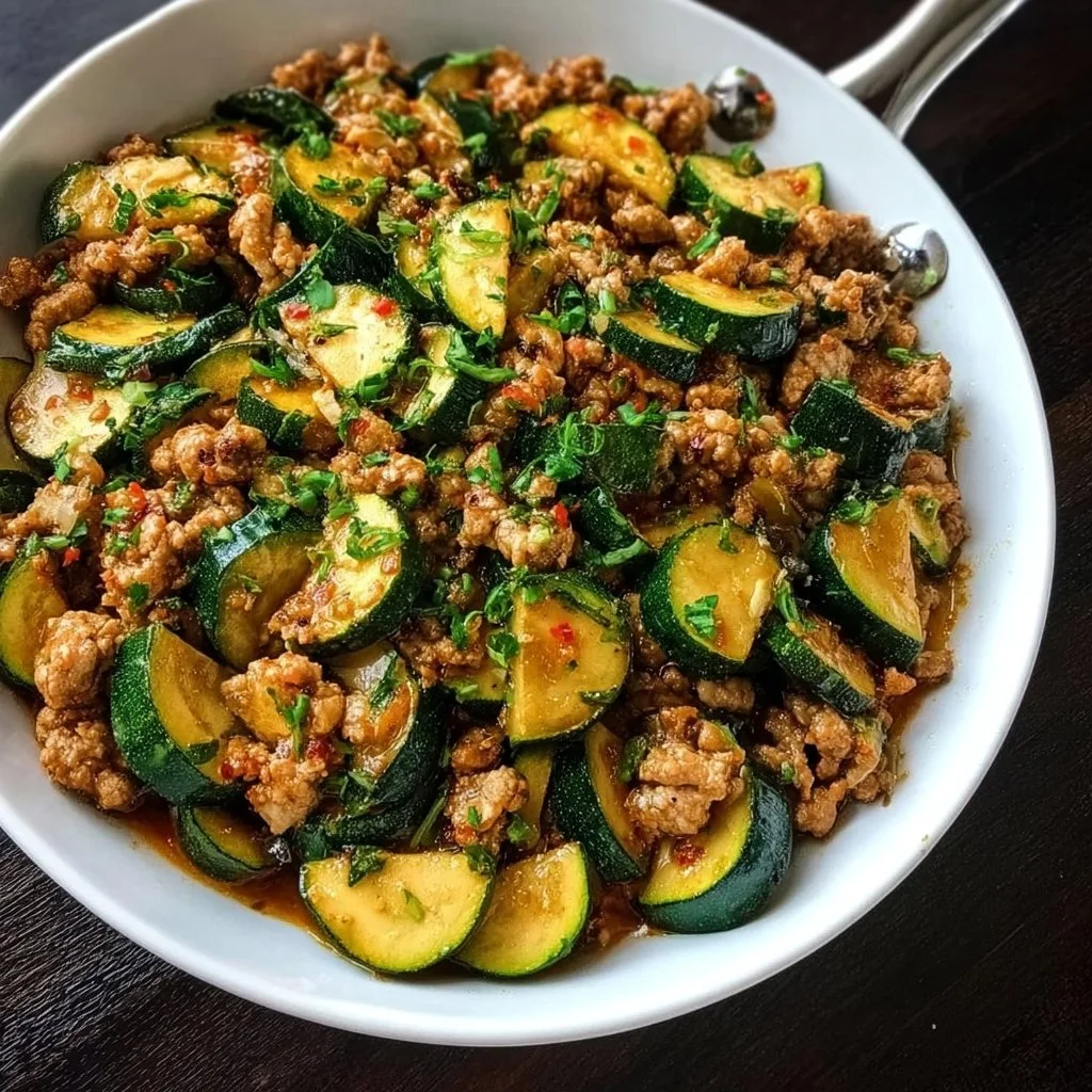 Ground turkey and zucchini skillet served in a pan, garnished with herbs