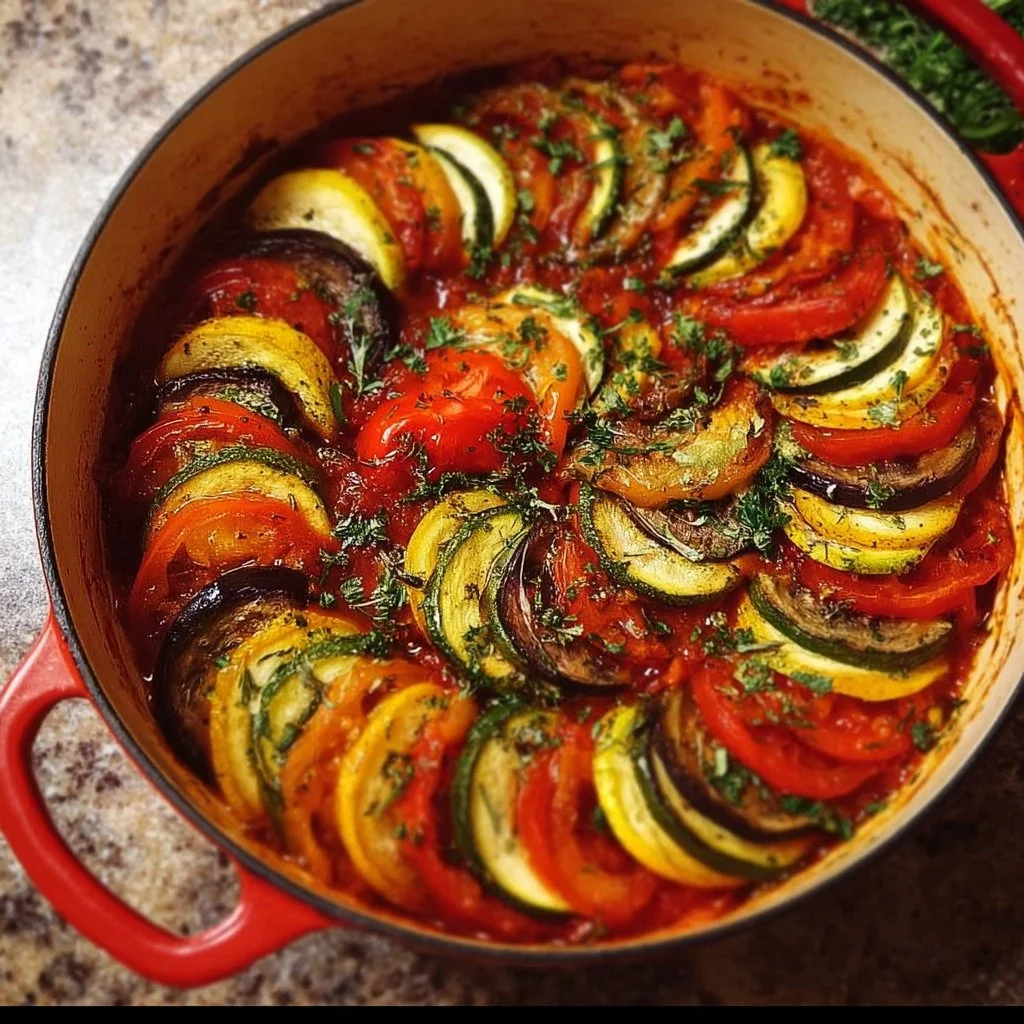 Plate of homemade classic French Ratatouille, featuring colorful vegetables.