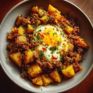 Homemade Hamburger Hash 3 Homemade hamburger hash with ground beef and potatoes served in a skillet.