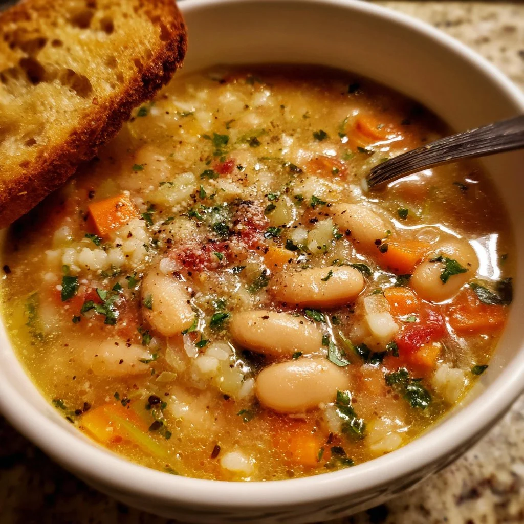 Ina Garten Tuscan White Bean Soup Recipe 1 Bowl of Ina Garten's flavorful Tuscan White Bean Soup topped with fresh herbs.
