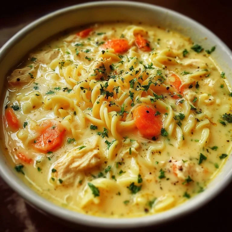 Creamy crack chicken noodle soup served in a bowl with herbs and chicken pieces.