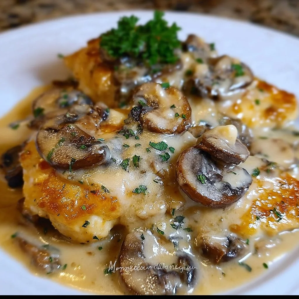 Creamy Mushroom Asiago Chicken dish served on a plate