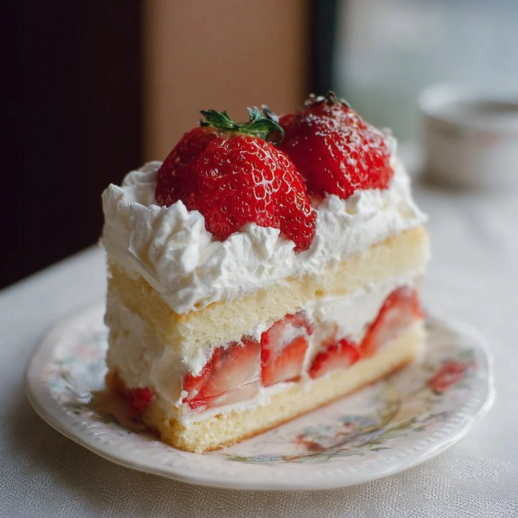 Slice of Japanese strawberry shortcake with fresh strawberries and whipped cream
