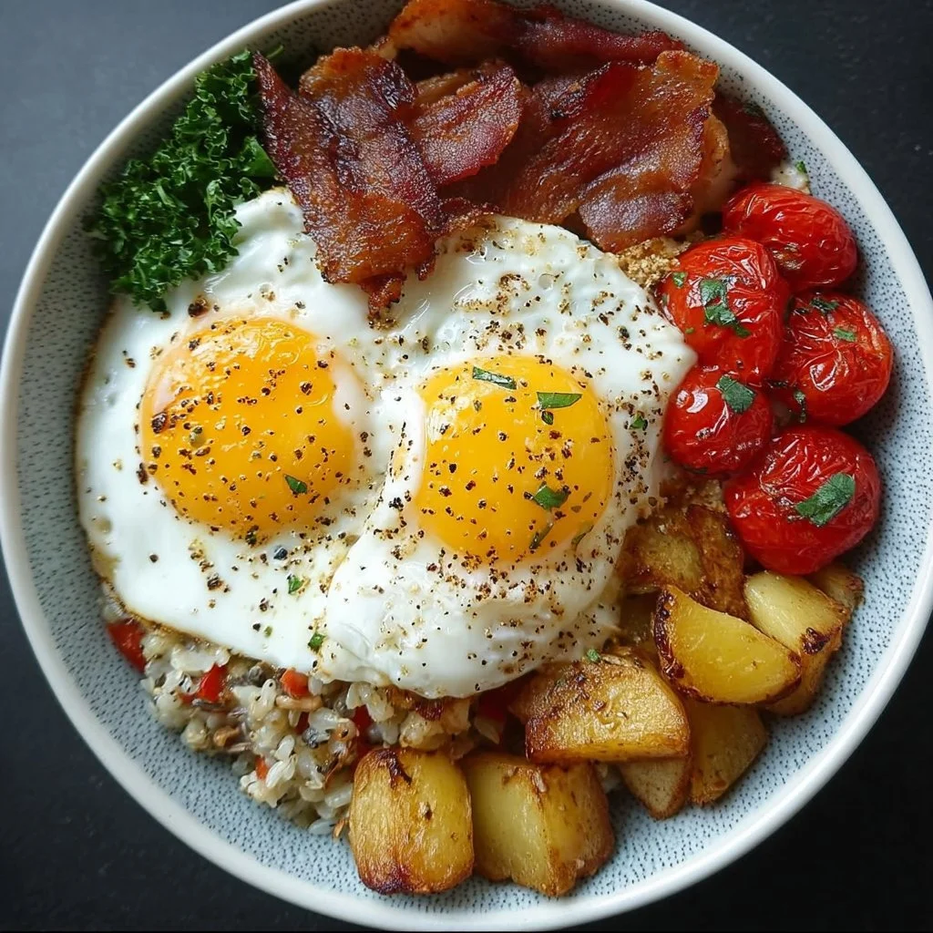 Delicious loaded breakfast bowl filled with eggs, vegetables, and toppings