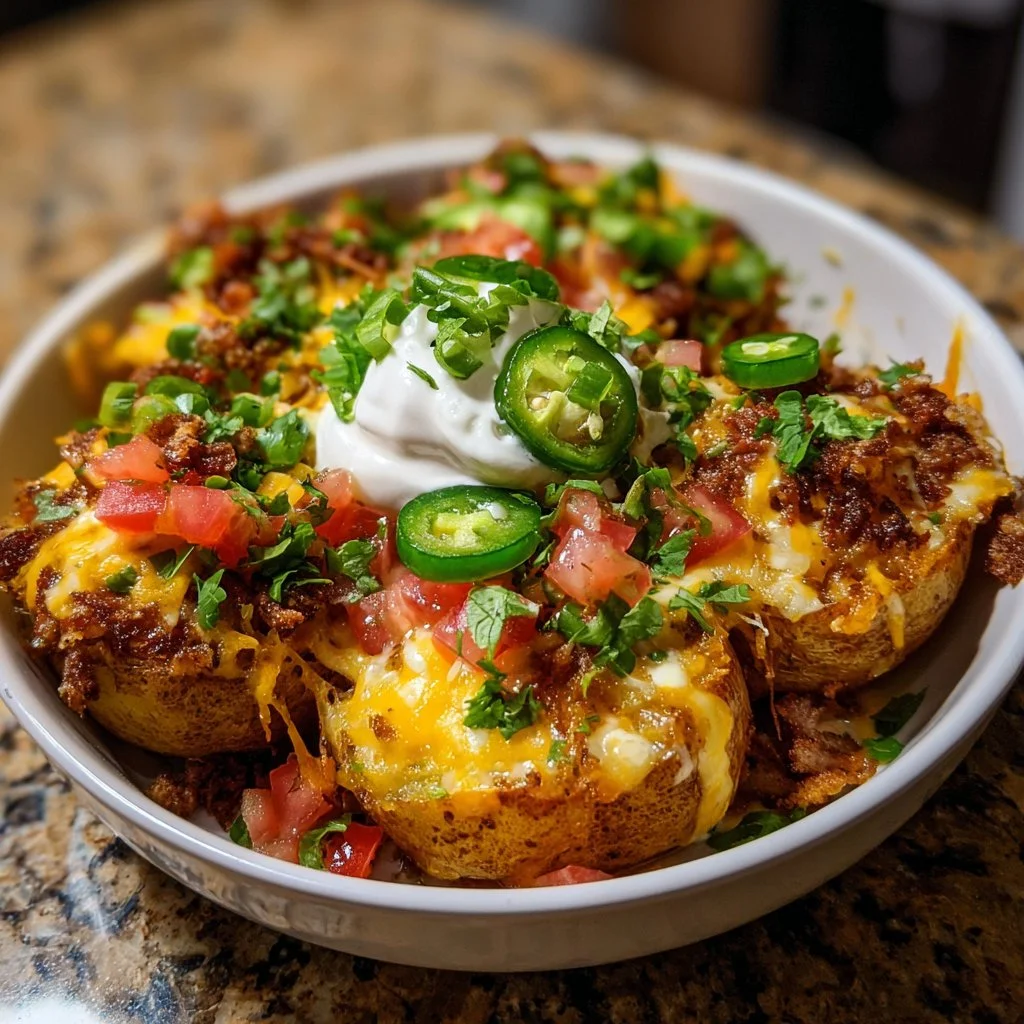Loaded Fiesta Potato Bowls: Crispy & Cheesy Dinner Fun 1 Loaded Fiesta Potato Bowls topped with cheese, salsa, and fresh ingredients