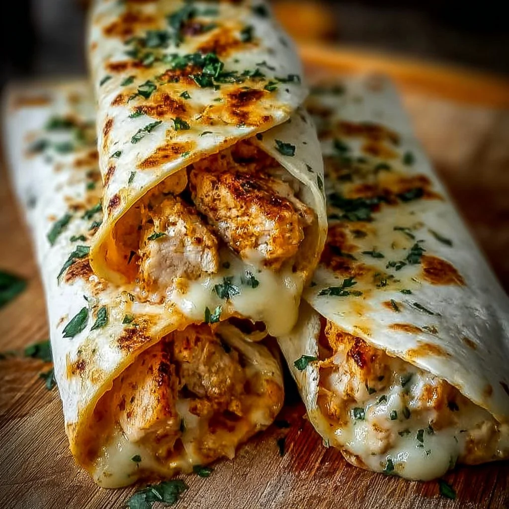 Low carb cheesy garlic chicken wraps on a plate, ready to serve.