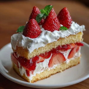 Moist Strawberry Shortcake Cake 3 Deliciously moist strawberry shortcake cake topped with fresh strawberries and whipped cream.