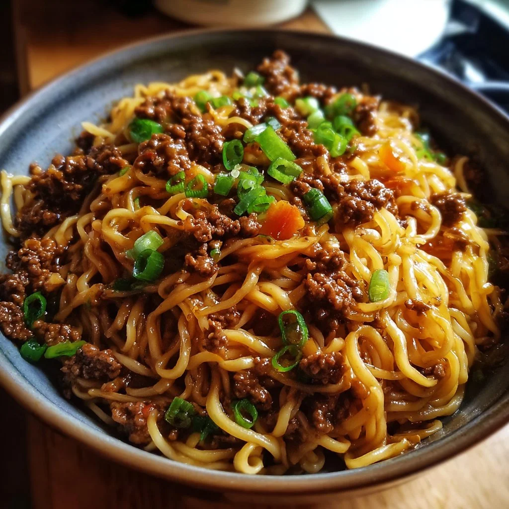Delicious Mongolian Ground Beef Noodles served in a bowl