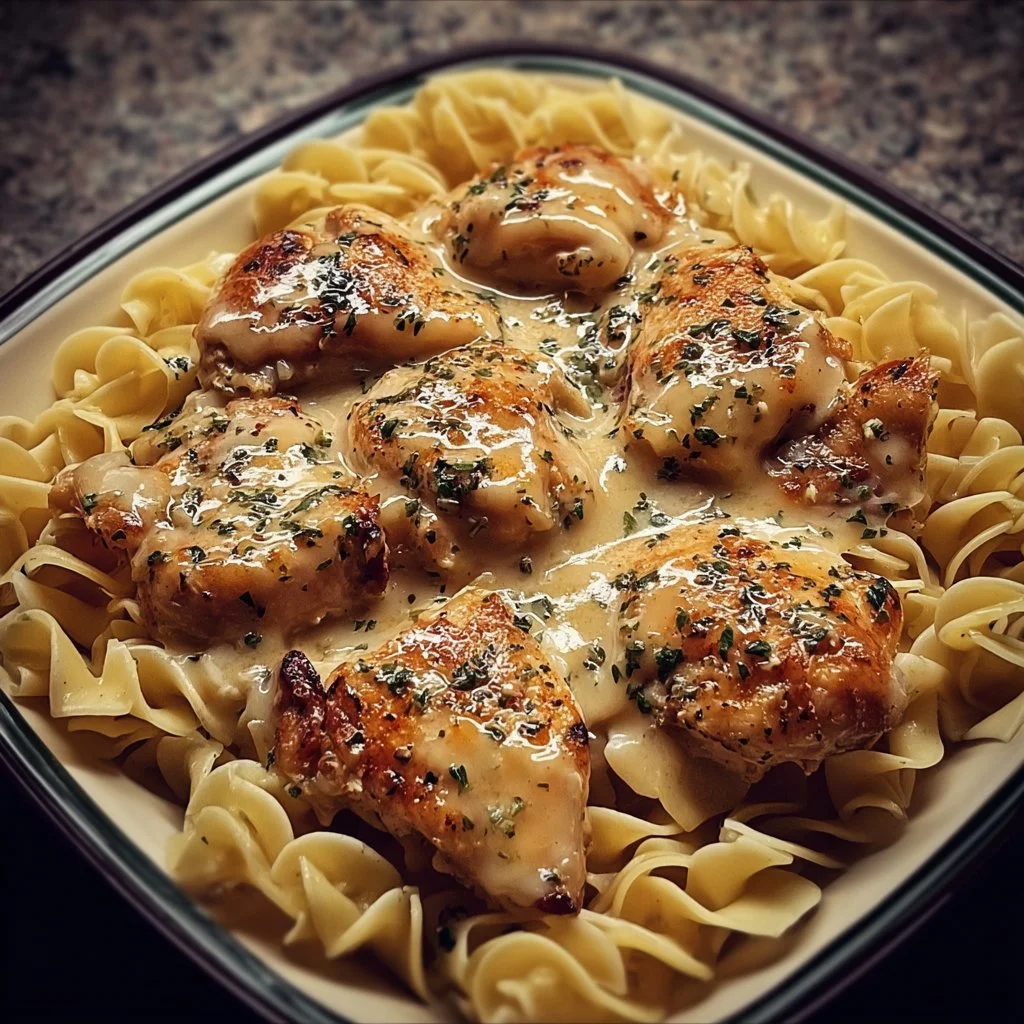 One-Pan Chicken with Buttered Noodles dish served on a plate