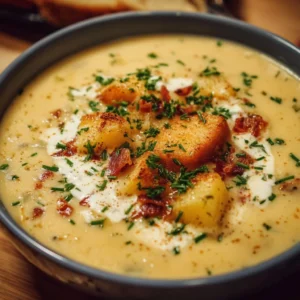 OUTBACK POTATO SOUP 3 Creamy Outback potato soup served in a bowl with toppings