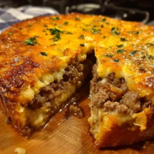 Pioneer Woman Cheeseburger Pie served in a rustic dish