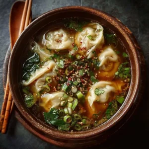 Delicious Potsticker Soup in a bowl garnished with green onions