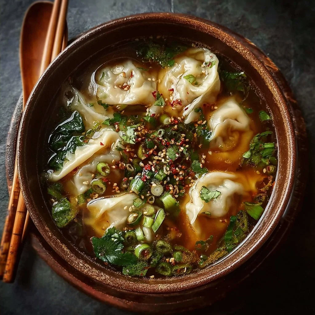 Delicious Potsticker Soup in a bowl garnished with green onions