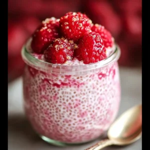 Raspberry chia pudding topped with fresh raspberries and drizzled with maple syrup.