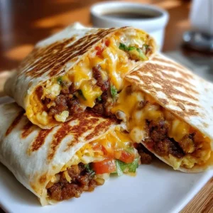 Delicious Breakfast Crunchwrap filled with eggs, cheese, and bacon