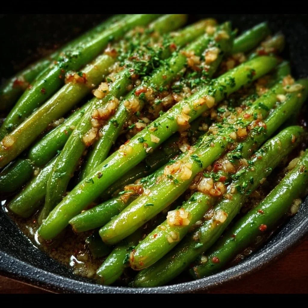 Savory garlic butter green beans served on a plate