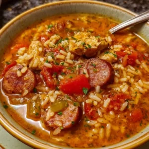 Bowl of spicy Jambalaya soup with Andouille sausage and chicken.