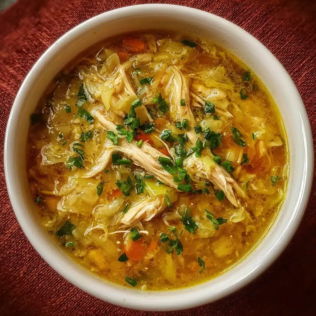 Bowl of Asian Chicken Cabbage Soup garnished with fresh herbs and spices.