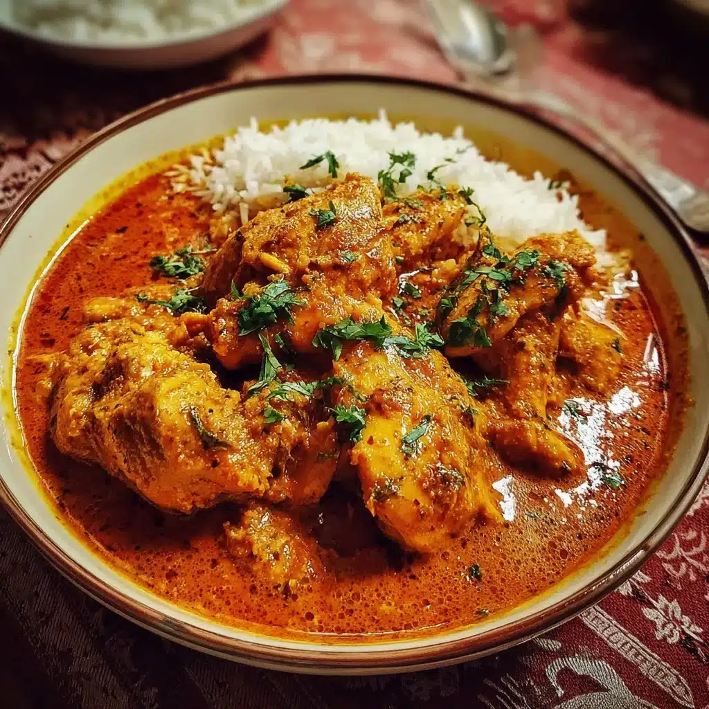 Bowl of authentic chicken curry garnished with fresh herbs and served with rice.