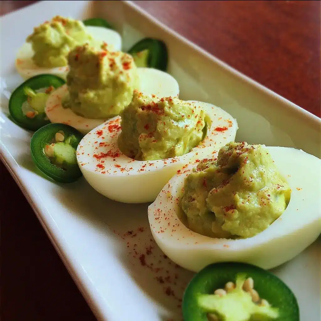 Plate of Avocado Deviled Eggs topped with paprika and herbs.