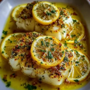 Baked Lemon-Garlic Cod with Butter Sauce 3 Baked lemon-garlic cod fillets drizzled with butter sauce