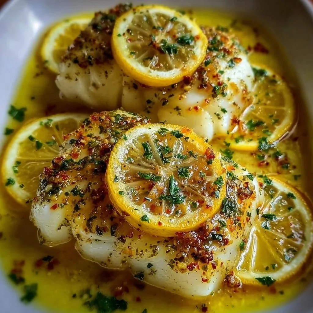 Baked lemon-garlic cod fillets drizzled with butter sauce
