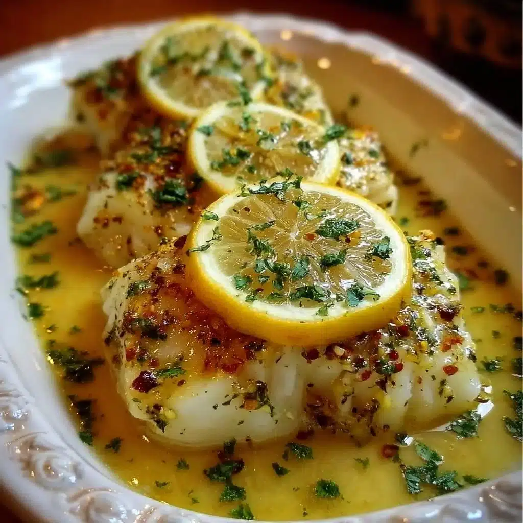 Baked lemon-garlic cod fillet served with a buttery sauce and fresh herbs.