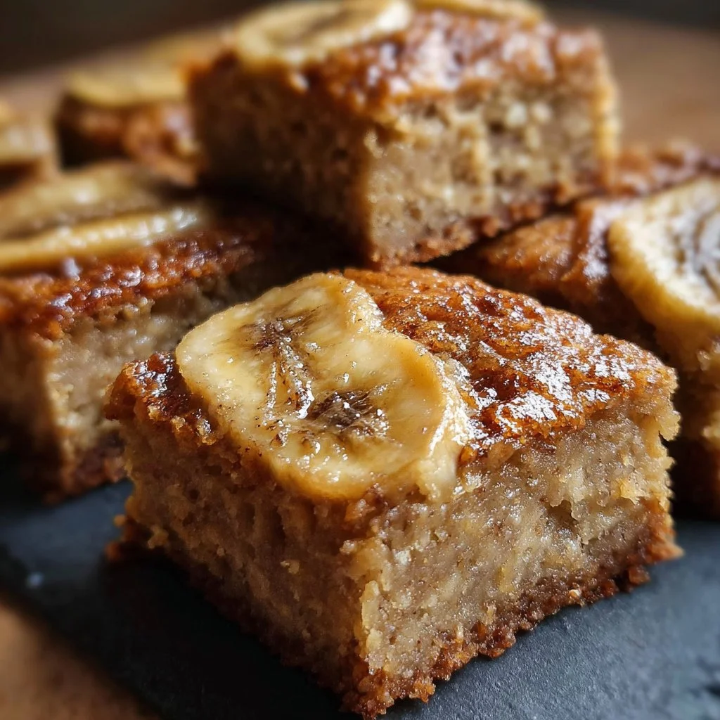Delicious banana bread blondies topped with chocolate chips and nuts