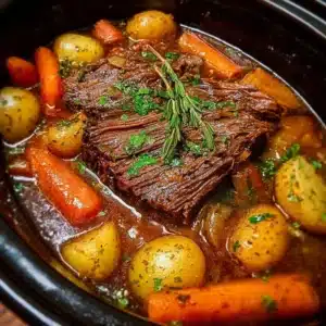 Delicious crockpot beef pot roast with vegetables ready to serve