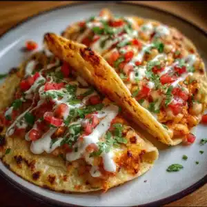 Buffalo White Bean Tacos 3 Buffalo White Bean Tacos with toppings on a plate