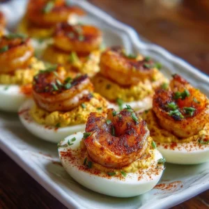 Cajun shrimp deviled eggs garnished with paprika and herbs