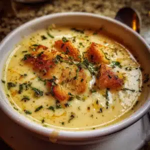 Bowl of Cheddar Garlic Herb Potato Soup garnished with herbs and cheddar cheese