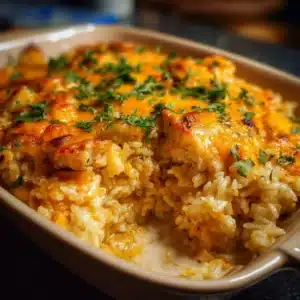 Cheesy Chicken and Rice Bake 3 Cheesy Chicken and Rice Bake topped with melted cheese and herbs