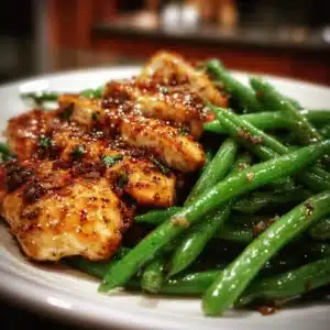 Grilled chicken breast with steamed green beans on a plate