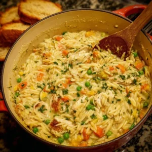 Chicken Pot Pie Orzo Recipe 3 Delicious Chicken Pot Pie Orzo dish served in a bowl