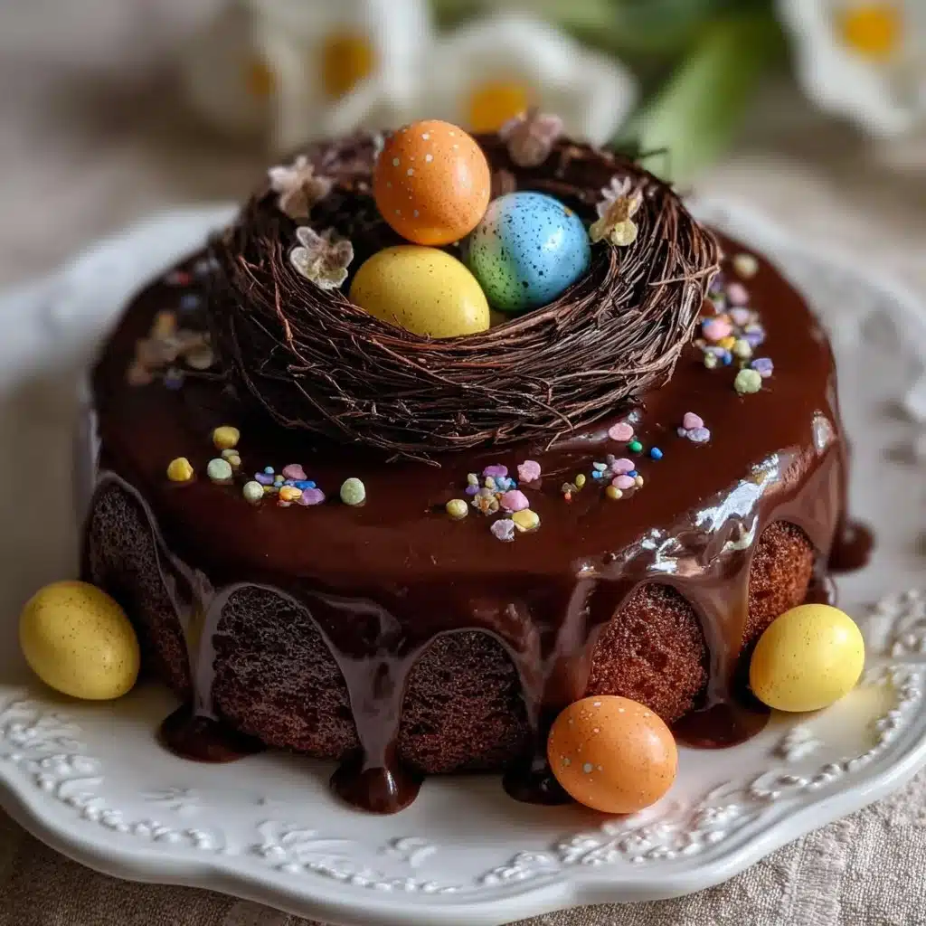Chocolate cake topped with ganache and decorated with Easter egg nest.