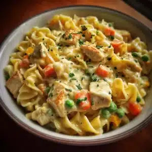 Delicious classic chicken pot pie pasta ready to serve with fresh herbs