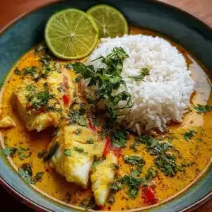 Coconut Lime Fish Curry garnished with lime served with Jasmine Rice