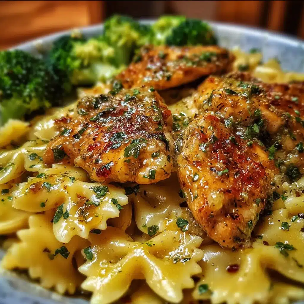 Cowboy Butter Lemon Bowtie Chicken with Broccoli served on a plate