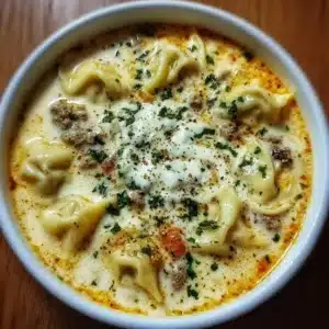 Delicious creamy Alfredo Lasagna Soup in a bowl garnished with herbs.