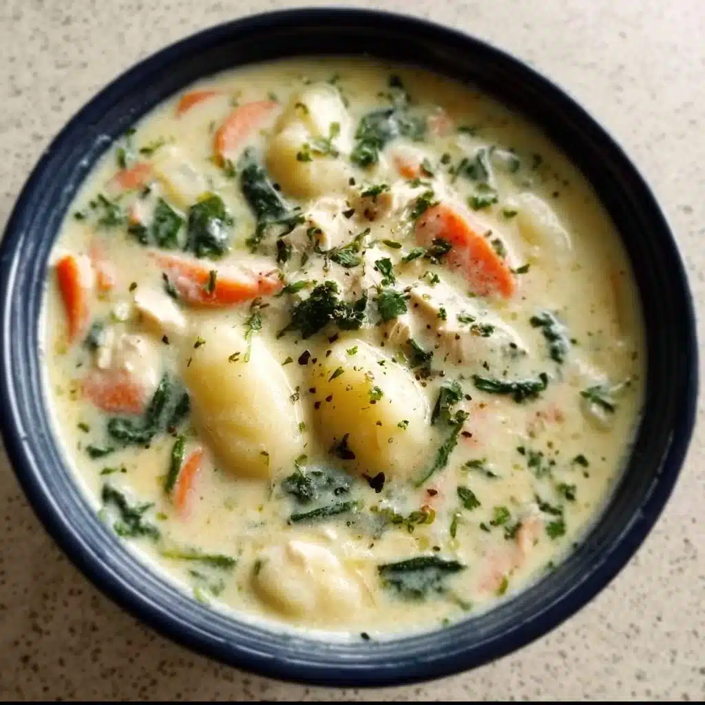 Bowl of creamy Chicken Gnocchi Soup with vegetables and herbs