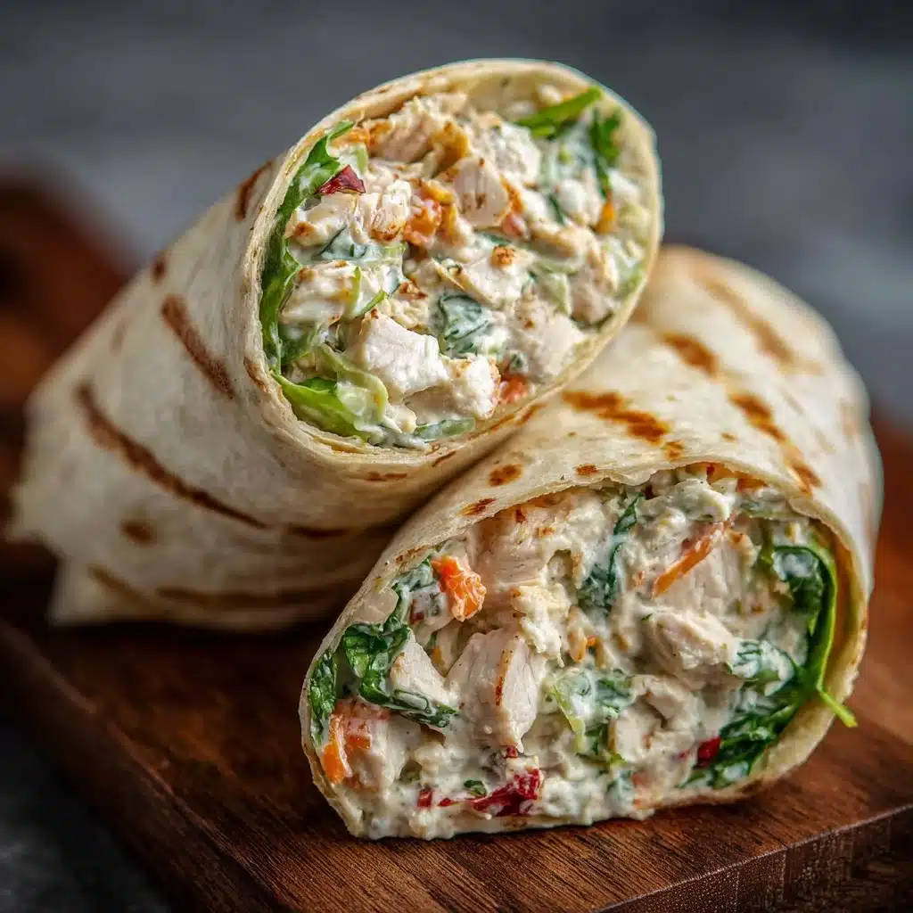 Delicious creamy chicken salad wrap on a plate filled with fresh ingredients
